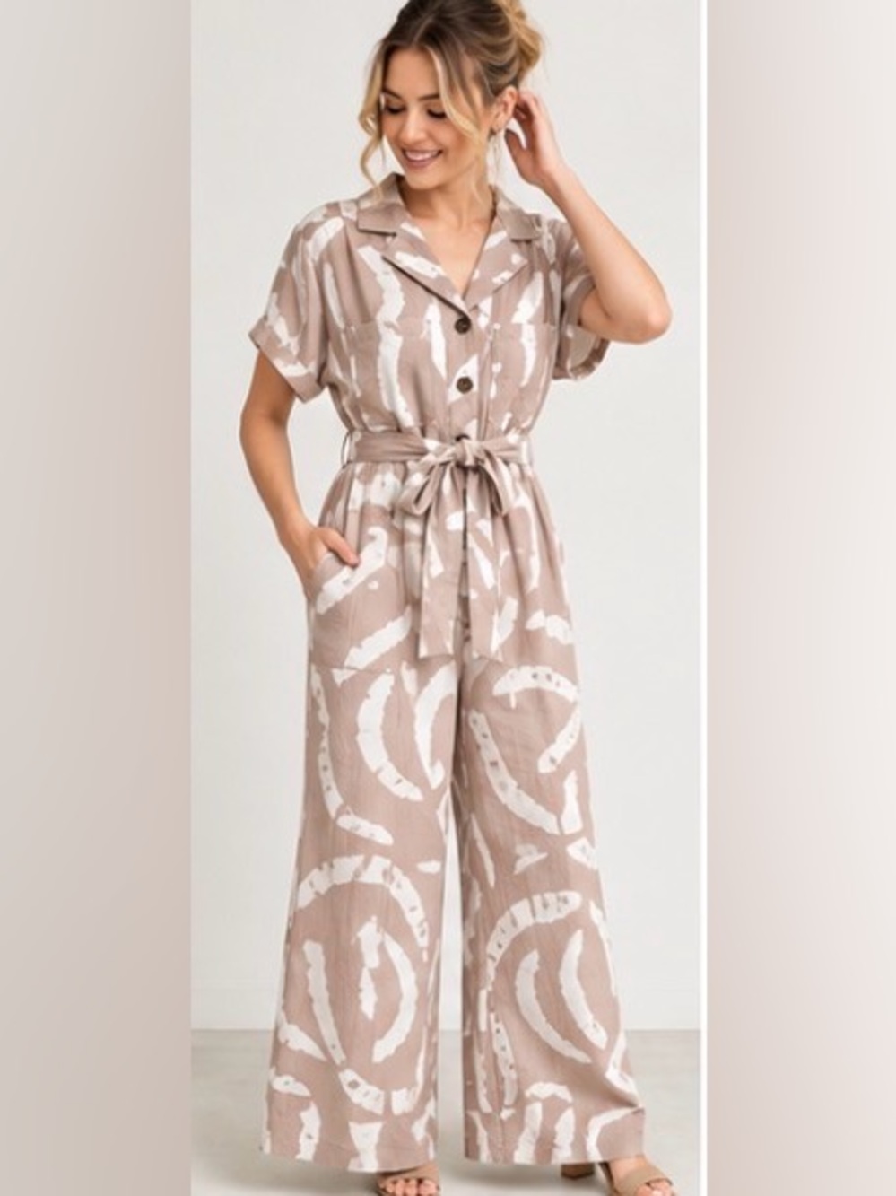 Entro Taupe Ivory Abstract Wide Leg Belted Jumpsuit NWT S